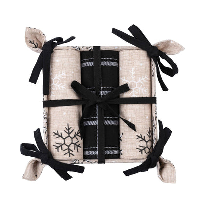 4 Piece Neutral Black Snowflake Tea Towel & Bread Basket Set