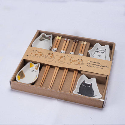 Cute Cats Wooden Chopsticks and Sauce Dish Gift Set