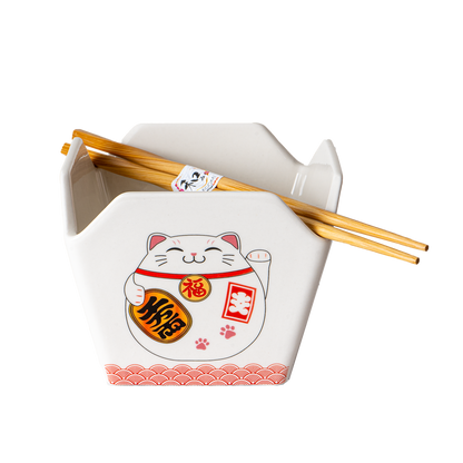 Lucky Cat Takeout Box Serving Bowl With Chopsticks