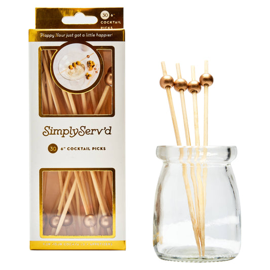 Party Pick Fancy Bamboo Toothpick Large 6" Gold Ball 30pk