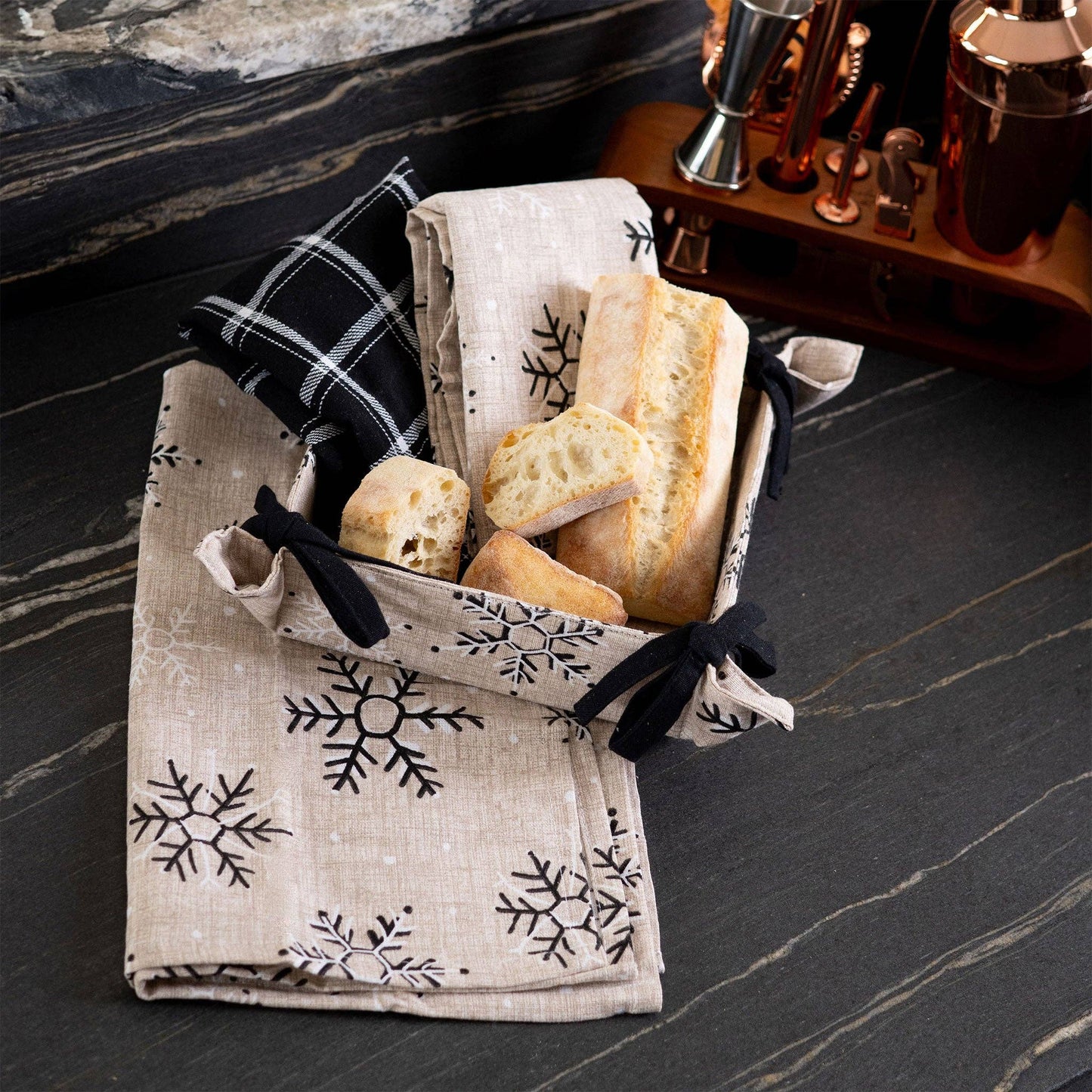 4 Piece Neutral Black Snowflake Tea Towel & Bread Basket Set