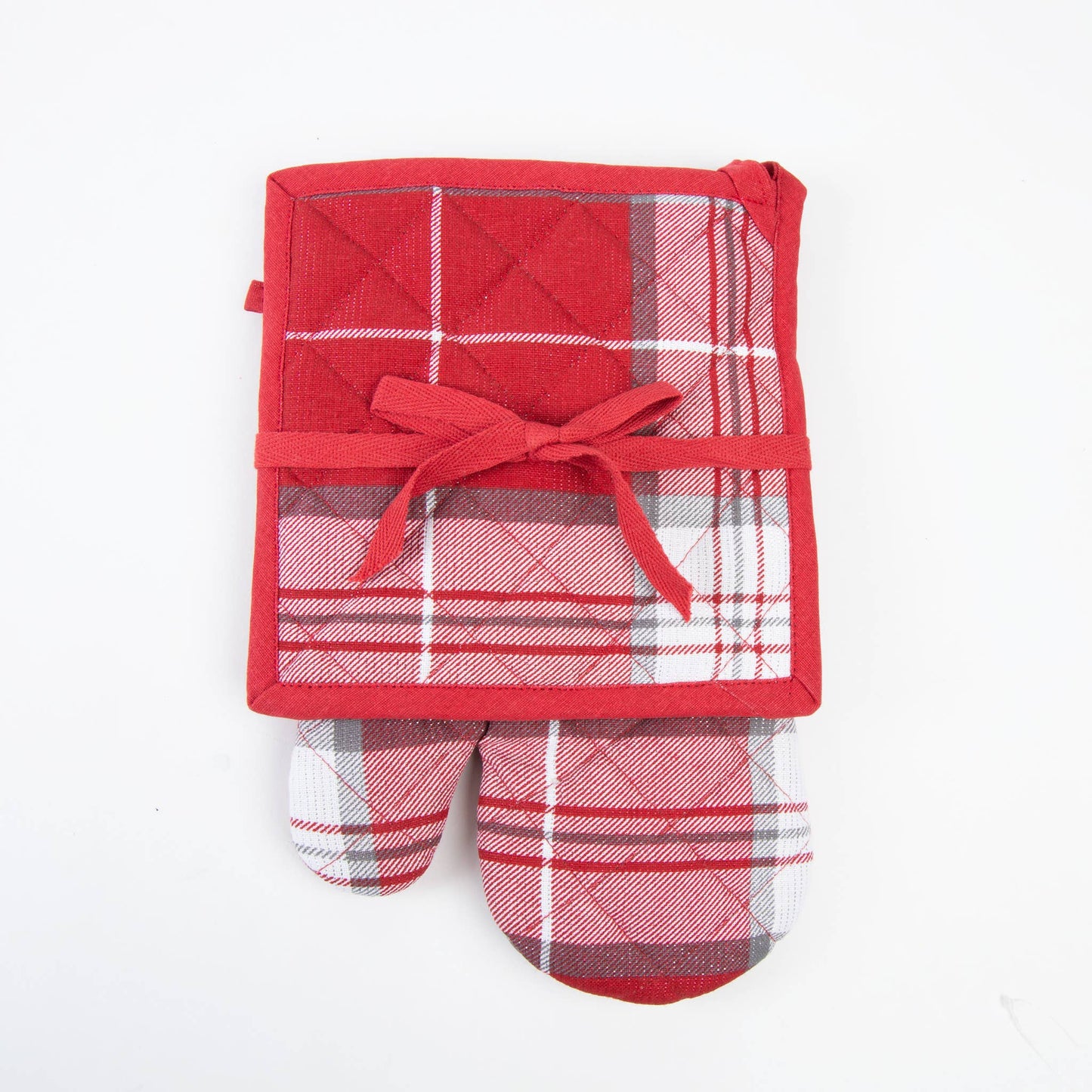2 Piece Holiday Red Plaid Lurex Oven Mitt & Pot Holder Set