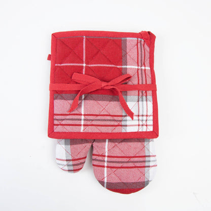2 Piece Holiday Red Plaid Lurex Oven Mitt & Pot Holder Set