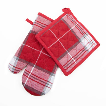 2 Piece Holiday Red Plaid Lurex Oven Mitt & Pot Holder Set