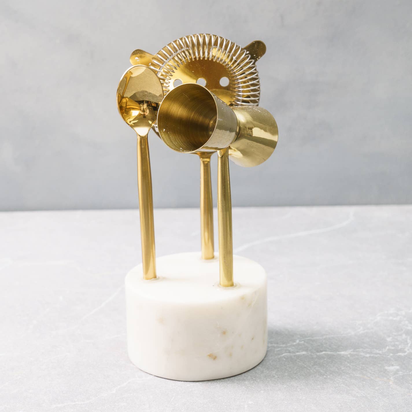 Marble + Gold Cocktail Tool Set, Set of 3 with Stand