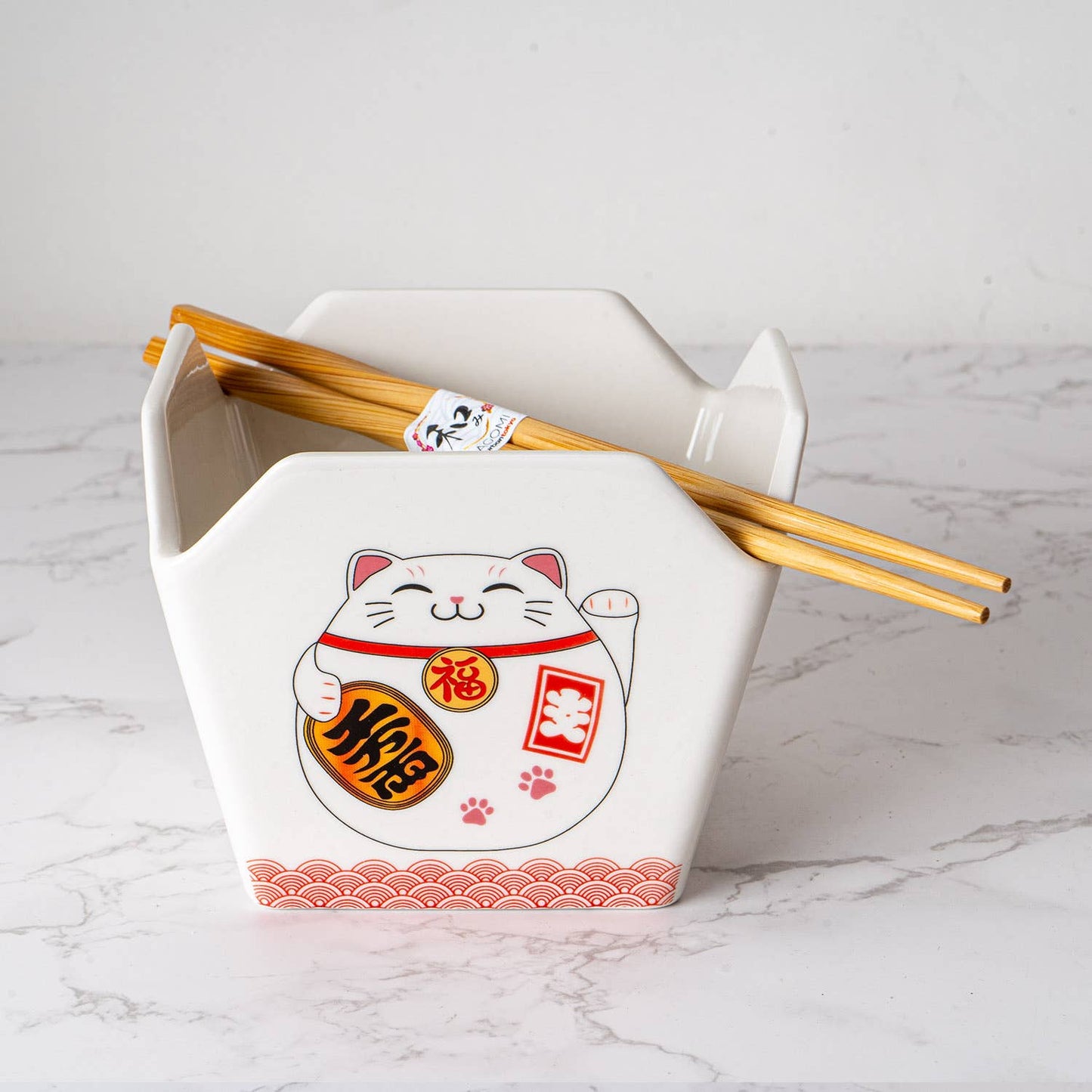 Lucky Cat Takeout Box Serving Bowl With Chopsticks