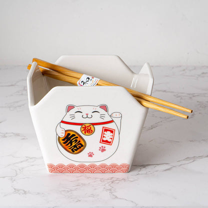 Lucky Cat Takeout Box Serving Bowl With Chopsticks