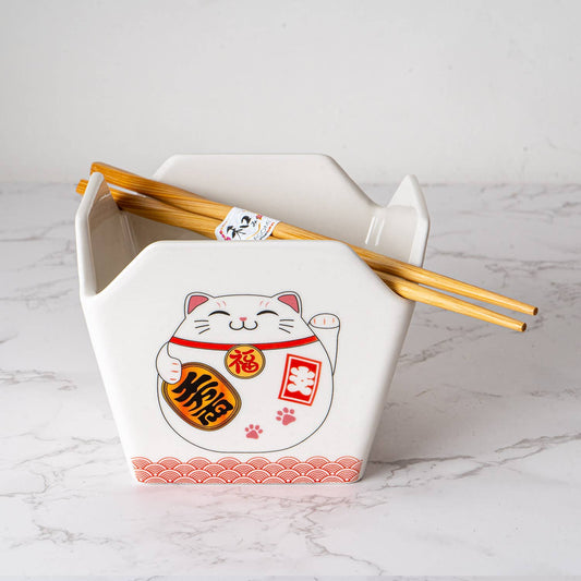 Lucky Cat Takeout Box Serving Bowl With Chopsticks