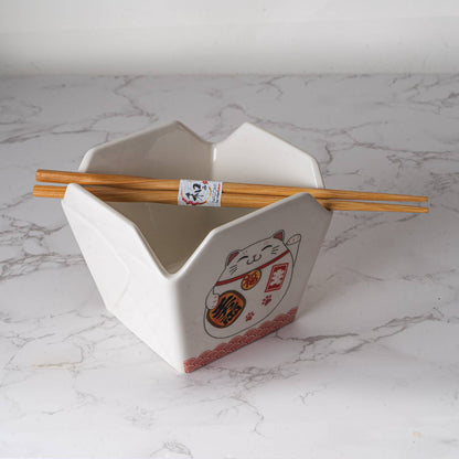 Lucky Cat Takeout Box Serving Bowl With Chopsticks
