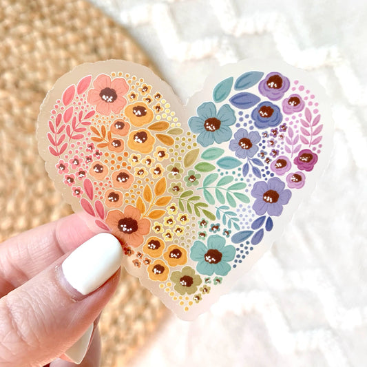 Clear Pride Rainbow Floral Heart Sticker 2.75x3in  Browns Kitchen