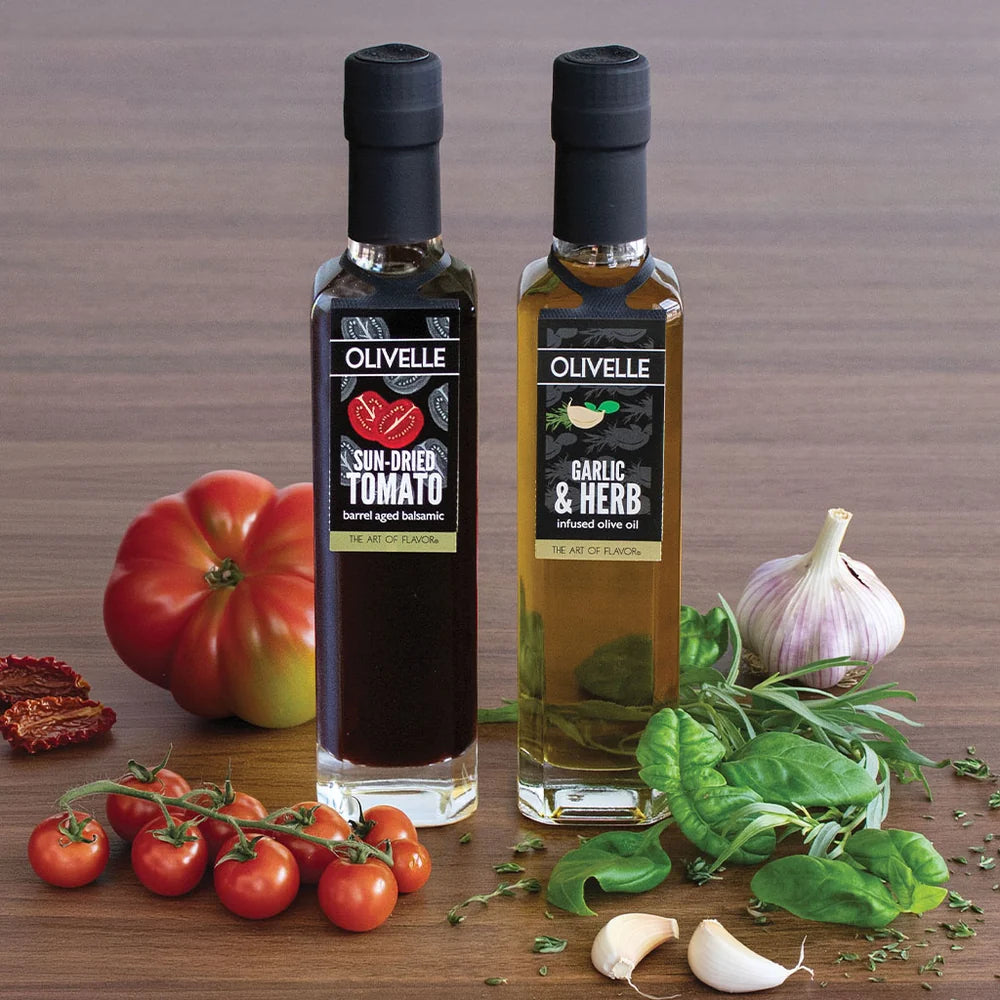 Olivelle Perfect Pairing Gift - Garlic & Herb Infused Olive Oil & Sun-Dried Tomato Barrel Aged Balsamic