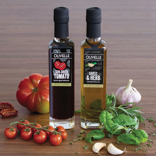 Olivelle Perfect Pairing Gift - Garlic & Herb Infused Olive Oil & Sun-Dried Tomato Barrel Aged Balsamic