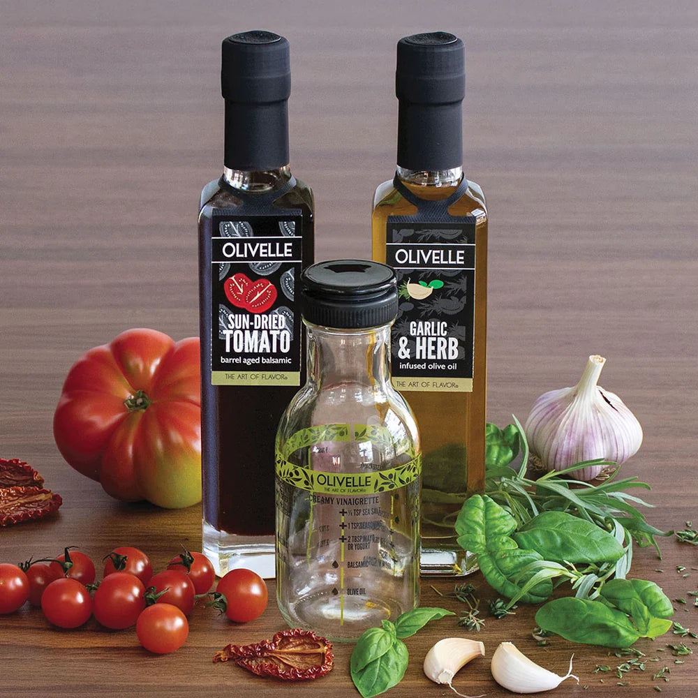 Olivelle Perfect Pairing Gift - Garlic & Herb Infused Olive Oil & Sun-Dried Tomato Barrel Aged Balsamic
