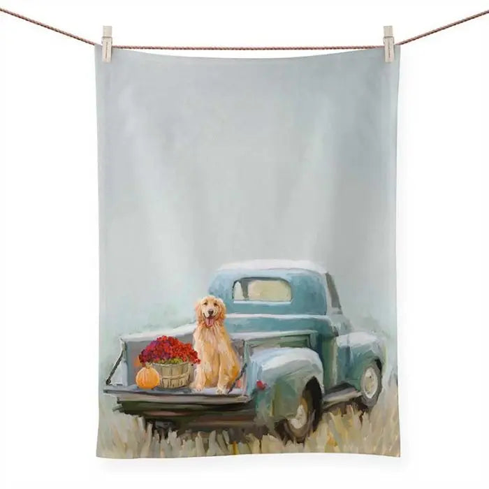 GreenBox Golden Pup In Truck Tea Towel GREENBOX ART