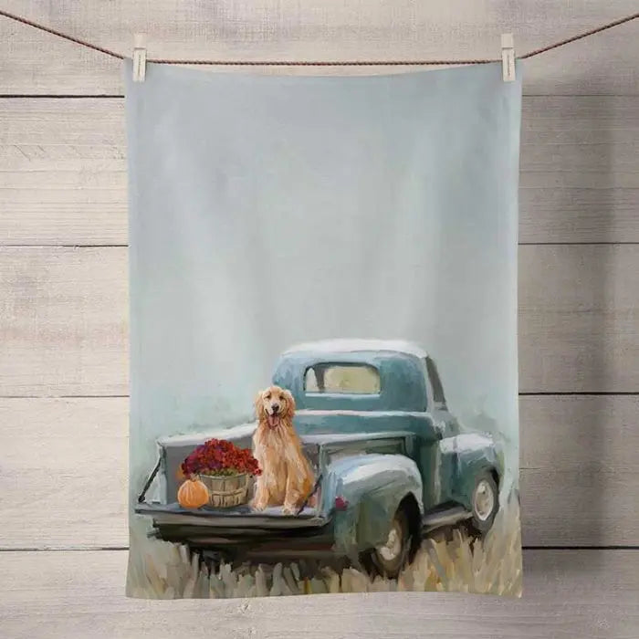 GreenBox Golden Pup In Truck Tea Towel GREENBOX ART