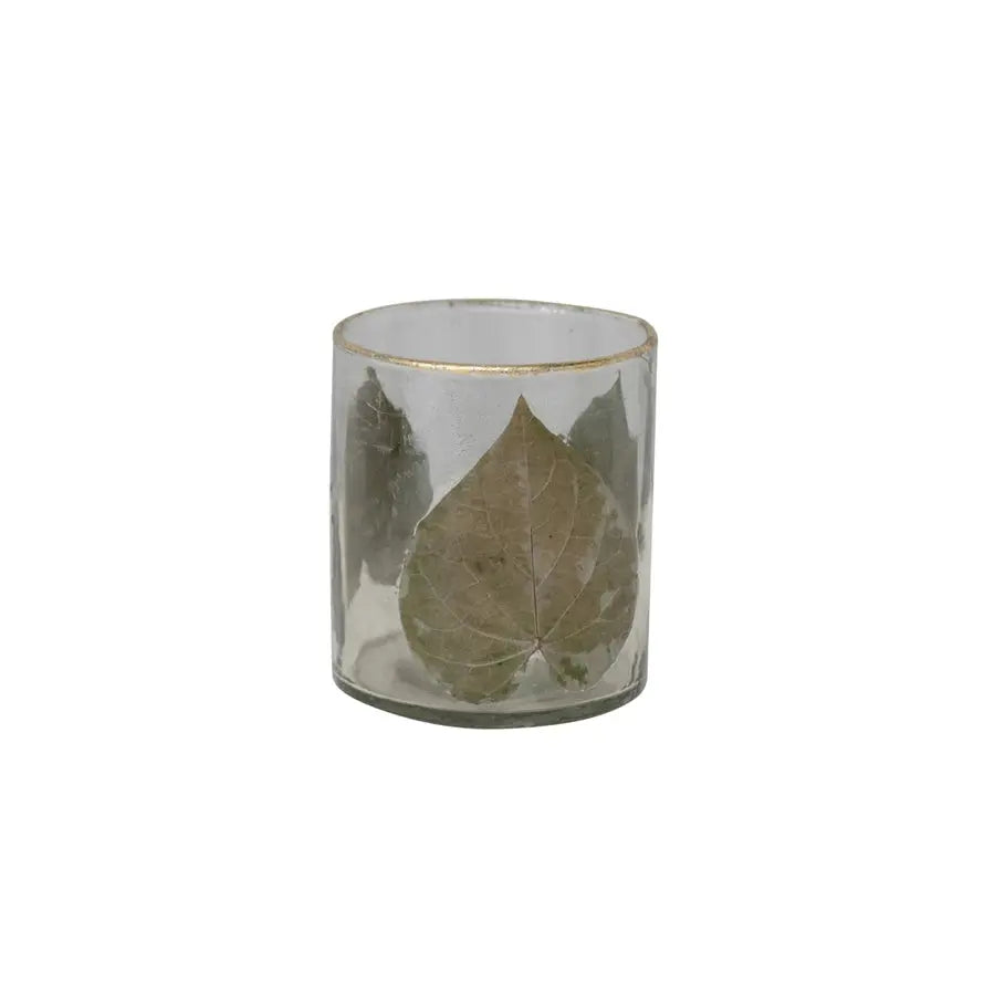 Hand-Blown Glass Votive Holder w/ Embedded Peepal Leaves & Gold Foil Edge CREATIVE CO-OP