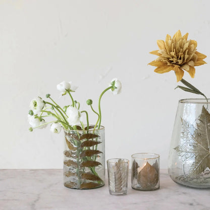 Hand-Blown Glass Votive Holder w/ Embedded Peepal Leaves & Gold Foil Edge CREATIVE CO-OP