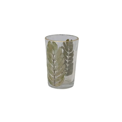 Hand-Blown Glass Votive Holder w/ Embedded Tamarind Leaves & Gold Foil Edge CREATIVE CO-OP