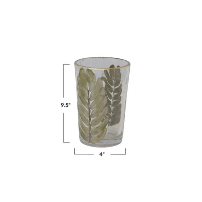 Hand-Blown Glass Votive Holder w/ Embedded Tamarind Leaves & Gold Foil Edge CREATIVE CO-OP