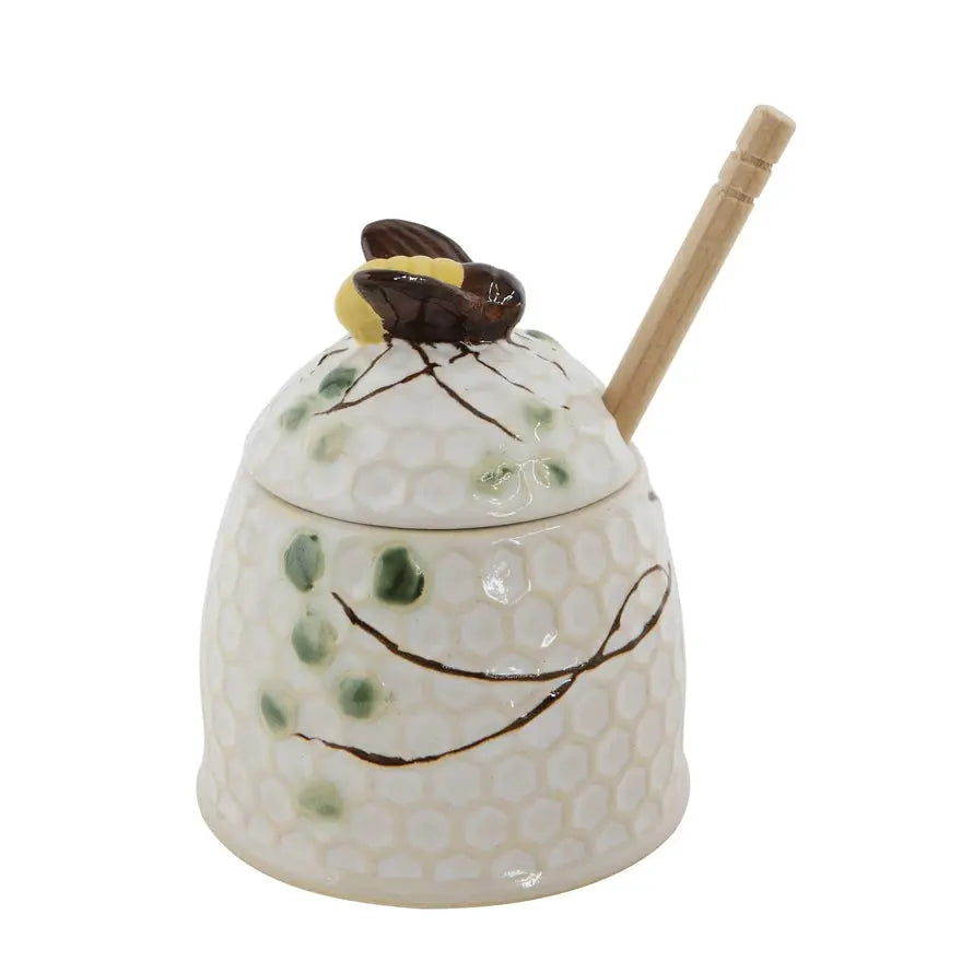 Hand-Painted Honey Jar with Honey Dipper CREATIVE CO-OP