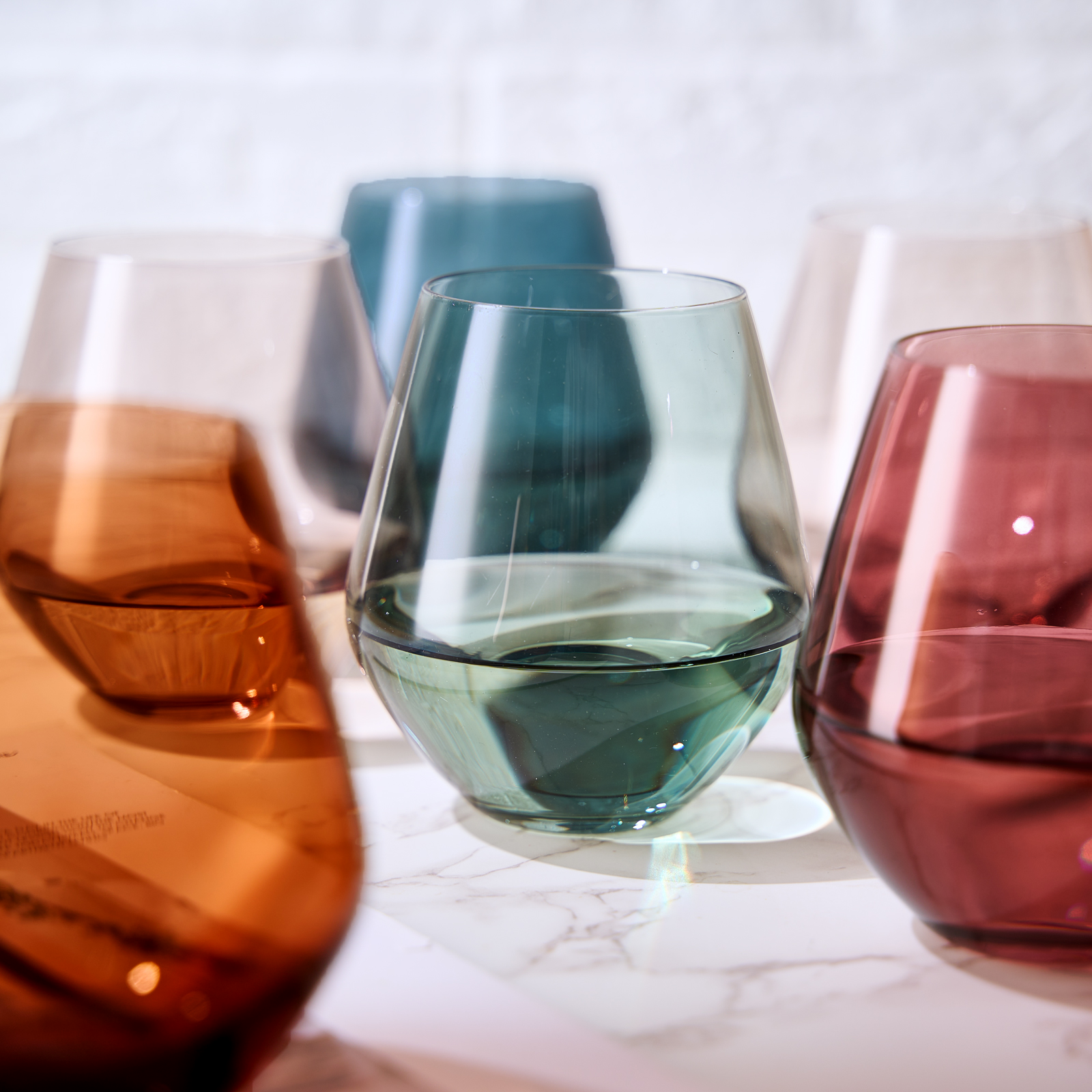 Pastel Colored Stemless Crystal Wine Glasses - 6 set  Browns Kitchen