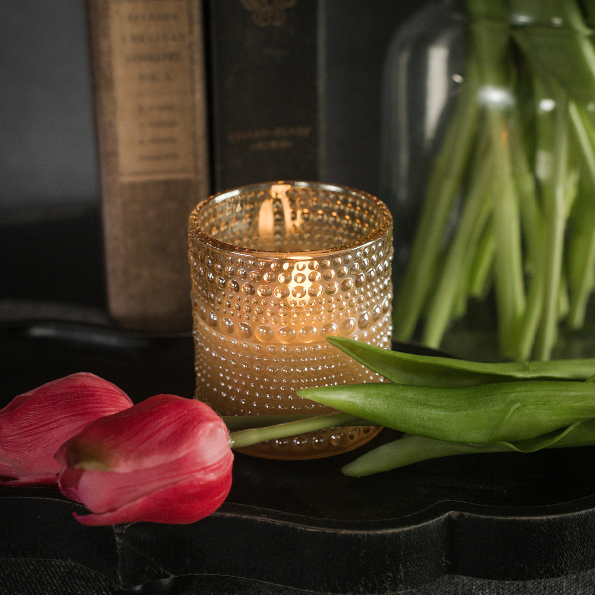 Champagne Dotted Glass Flameless Candle, 3.25"