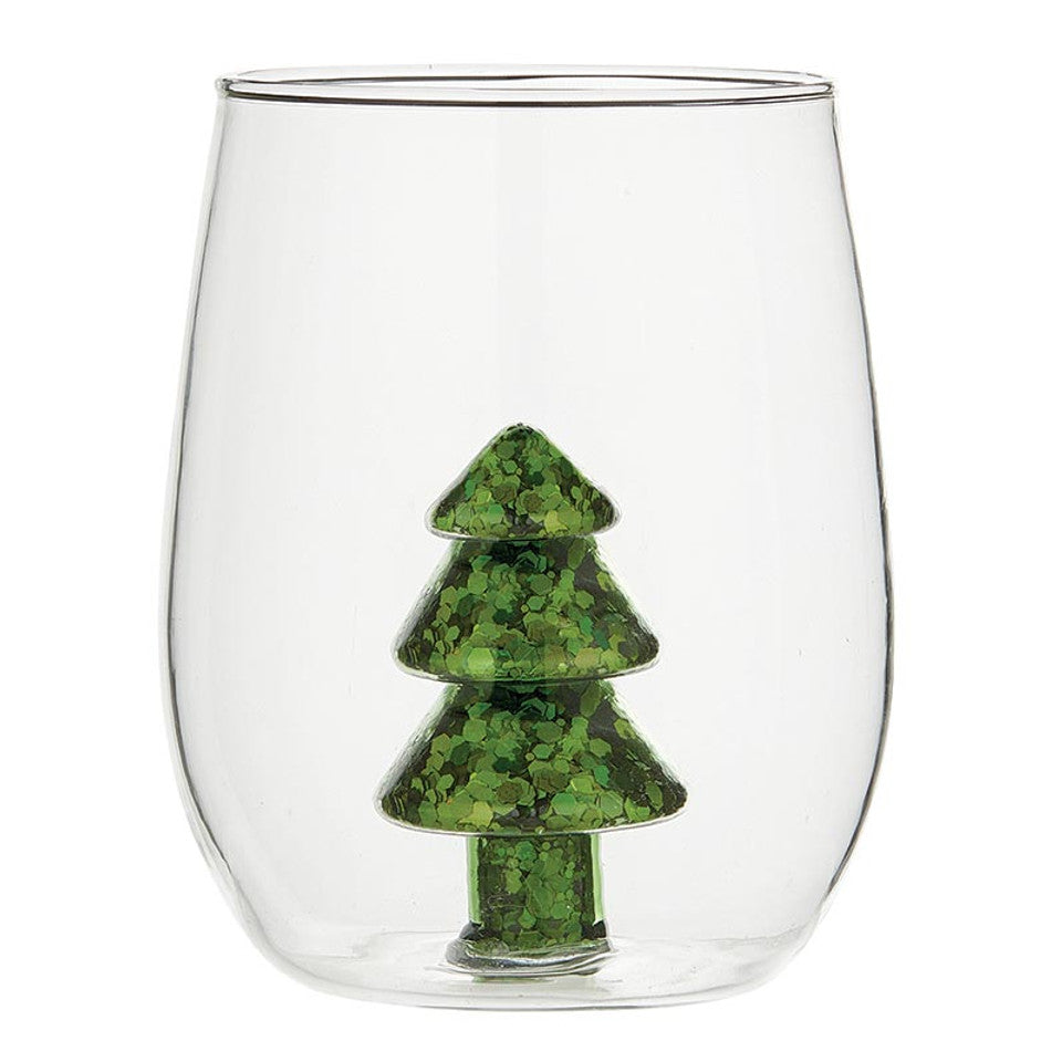 Christmas Tree Glitter Figurine Stemless Wine Glass