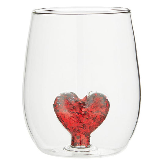 Red Heart Glitter Figurine Stemless Wine Glass