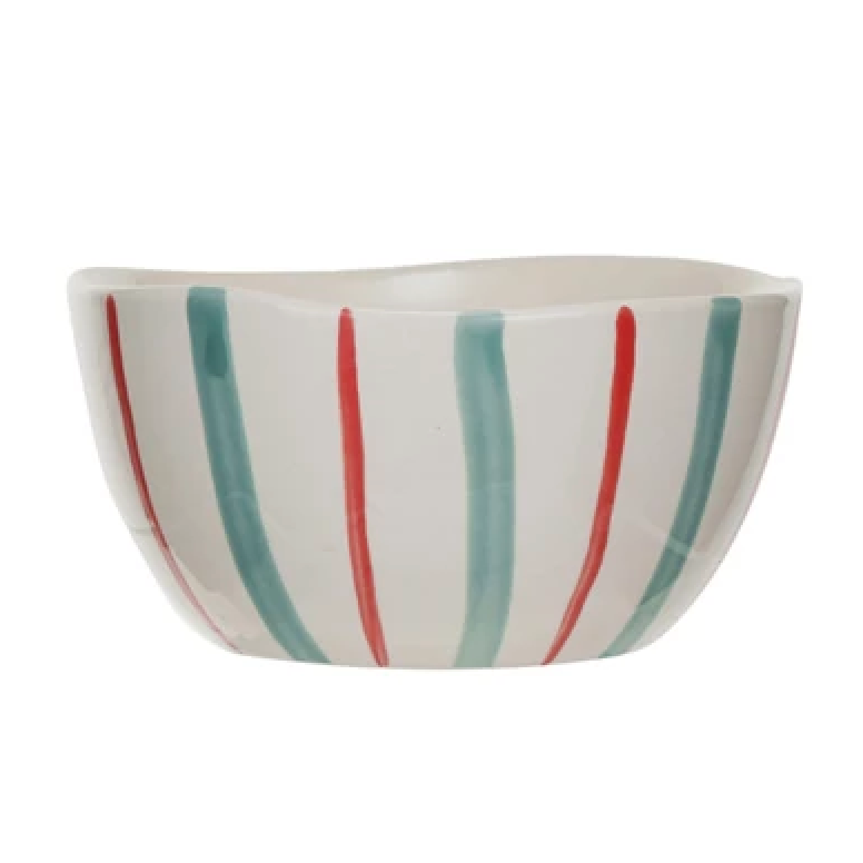 Hand-Painted Stoneware Bowl, Red, Aqua & Cream Color, 4 Styles