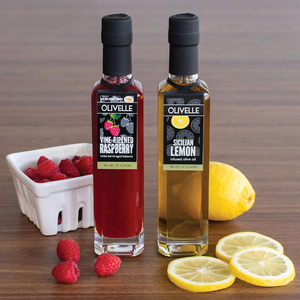 Olivelle Perfect Pairing Gift - Sicilian Lemon Infused Olive Oil & Vine-Ripened Raspberry White Barrel Aged Balsamic