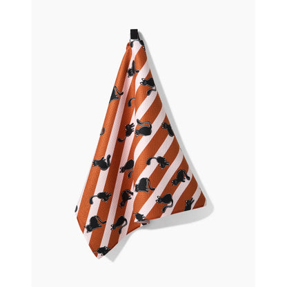 Orange Striped Black Cats Geometry Tea Towel