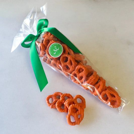 Mini Chocolate Covered Pretzels in Carrot Shaped Bag