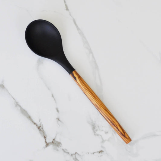 Silicone Round Spoon (Black) with Olive Wood Handle - 12"