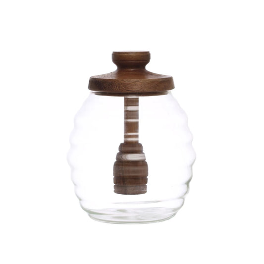 Glass Honey Jar w/ Acacia Wood Lid & Attached Honey Dipper