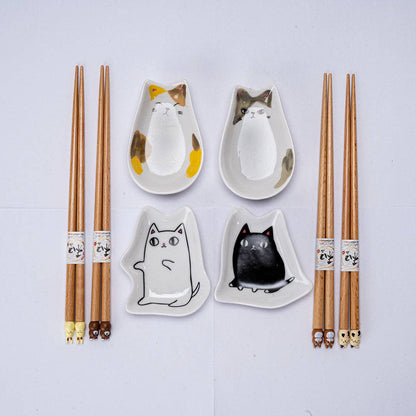 Cute Cats Wooden Chopsticks and Sauce Dish Gift Set