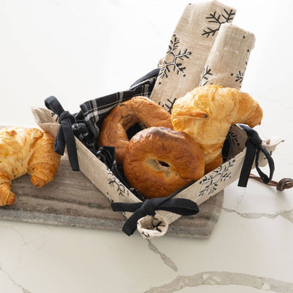 4 Piece Neutral Black Snowflake Tea Towel & Bread Basket Set
