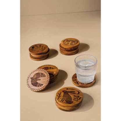 Floral Engraved Wood Coasters, Set of 4