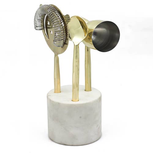 Marble + Gold Cocktail Tool Set, Set of 3 with Stand