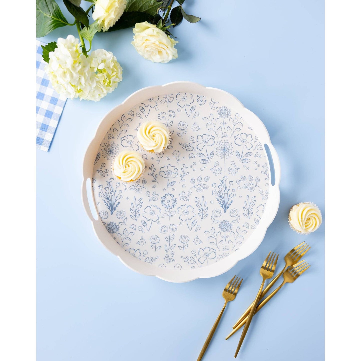 Round Scalloped Floral Bamboo Tray