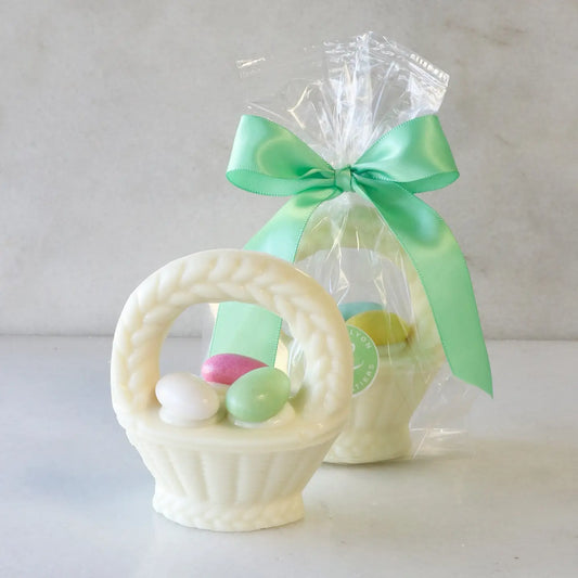 White Chocolate Egg Basket in Cello Bag Tied with Spring Ribbon