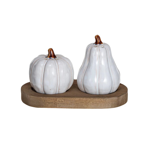 Gourd-Shaped Salt and Pepper Shakers w/ Wood Base
