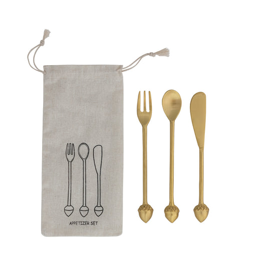 Brass Appetizer Set with Acorn Handles, Set of 3 in Drawstring Bag