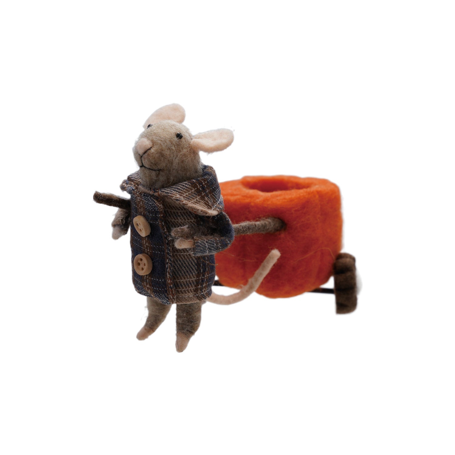 Handmade Wool Felt Mouse In Coat with Pumpkin Wagon