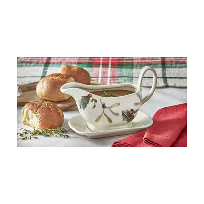 Winter Sprig Gravy Boat & Saucer Set 2 Earthenware Christmas