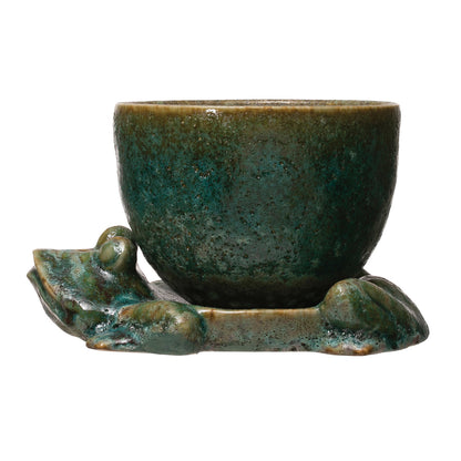 Stoneware Planter with Frog Base, Set of 2