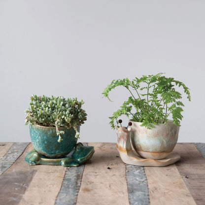 Stoneware Planter with Frog Base, Set of 2