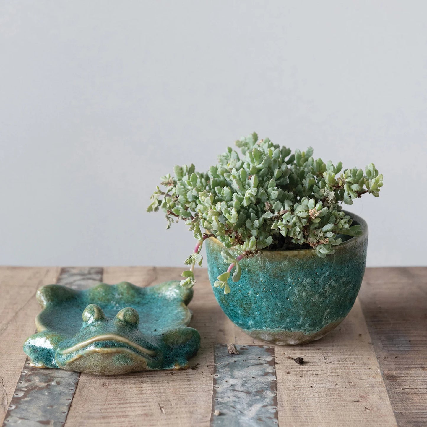 Stoneware Planter with Frog Base, Set of 2