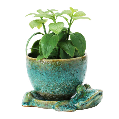 Stoneware Planter with Frog Base, Set of 2