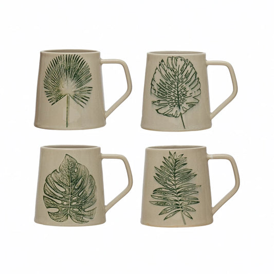 Stoneware Mug with Debossed Leaf, Reactive Crackle Glaze, 4 Styles