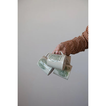 Stoneware Mug with Debossed Leaf, Reactive Crackle Glaze, 4 Styles